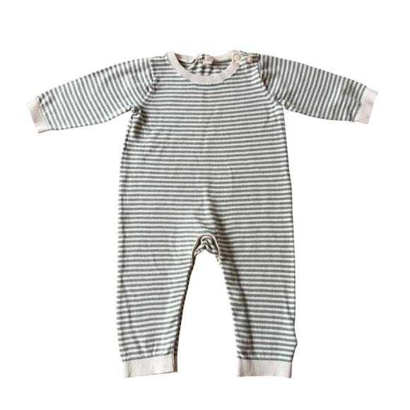 Baby Gap Other - Baby Gap Knit Striped Romper 12–18M Green Cream Button Shoulder